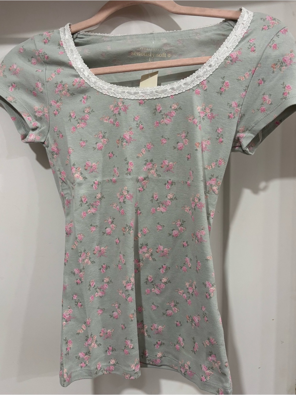 Aeropostale Mint Green Tee with Pink Floral Lace Trim